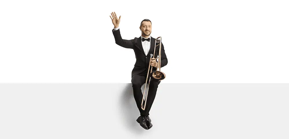 trombone player waving